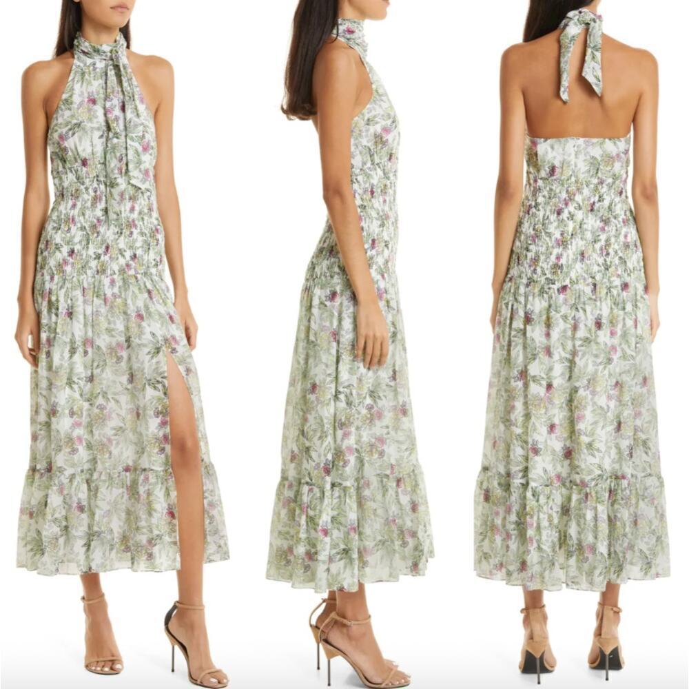 NEW $495 Cinq a Sept White Green Floral Printed Halter Fit + Flare Midi Dress